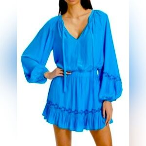 Joie Blue Long Sleeve Silky Eyelet Dress with Ruffle Hem sz Small NWT MSRP $118